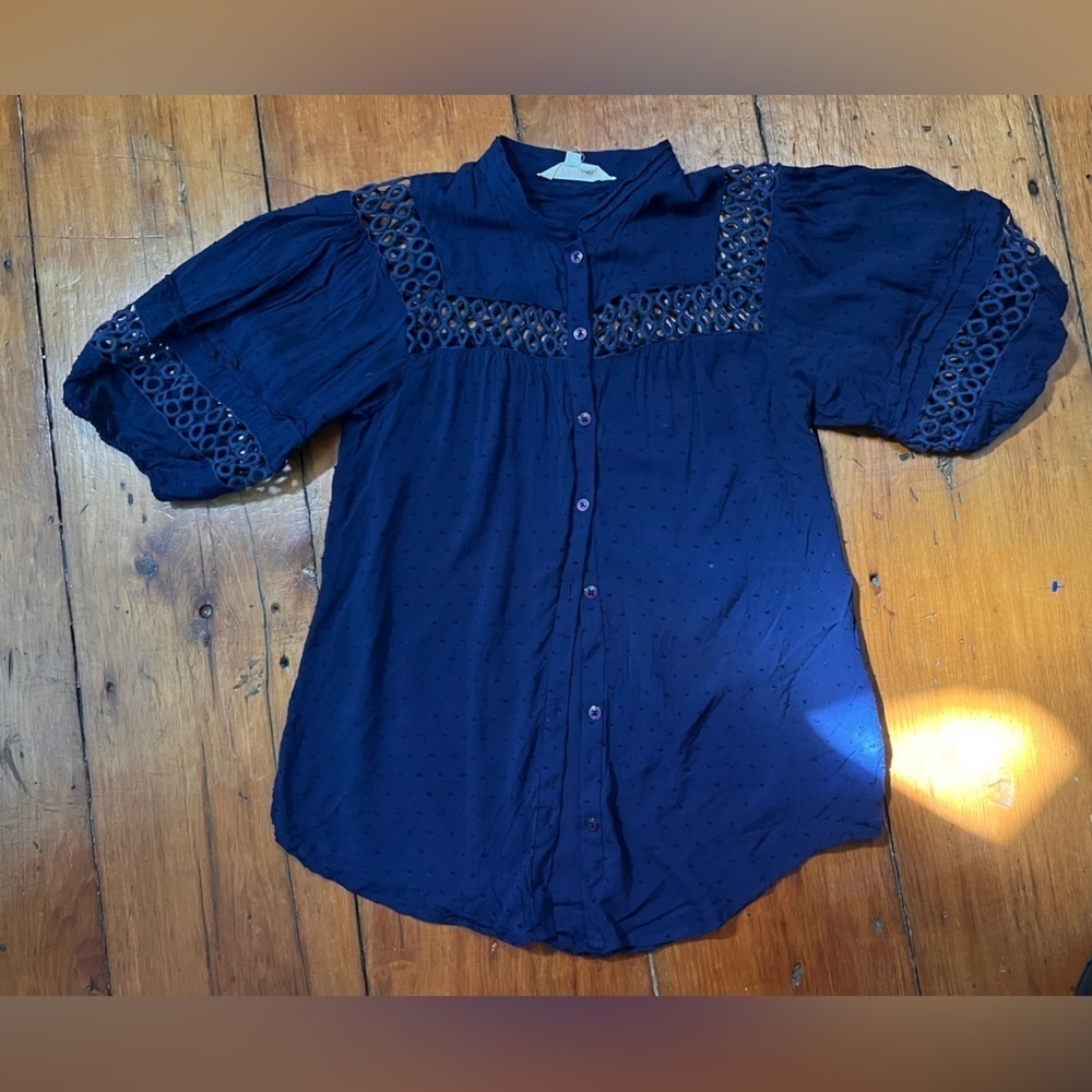 Anthropologie Edme & Esyllte peasant blouse top blue crochet balloon sleeve sz 4